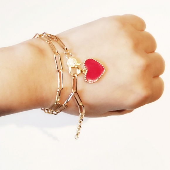 Red Enamel Heart Gold Paperclip Chain Necklace - Picture 7 of 7